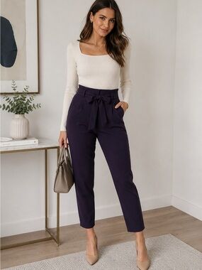 RW&CO women's purple high waisted paper bag tie waist tapered ankle pants Sz 8